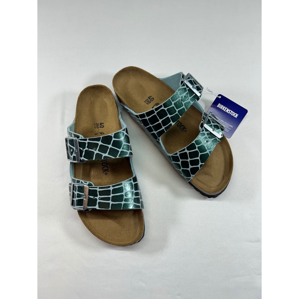 Birkenstock Arizona Green Metallic Crocodile Embossed Sandals Women 40 L9 M7 NEW - Picture 1 of 6